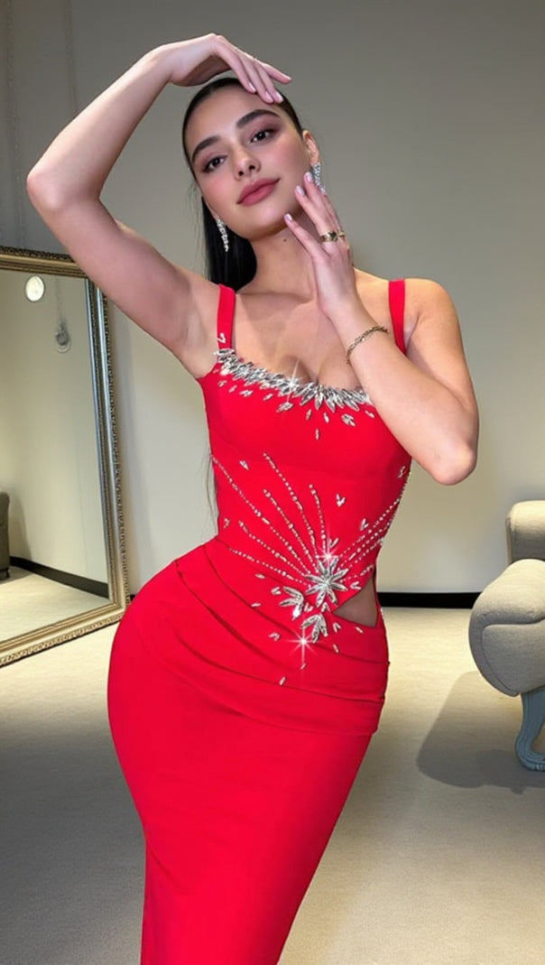 AIIZIE CRYSTAL DRAPED MAXI DRESS RED - product image