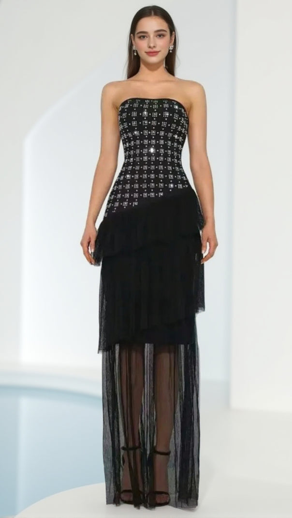 AIIZIE STRAPLESS CRYSTAL RUFFLE MAXI DRESS BLACK - product image