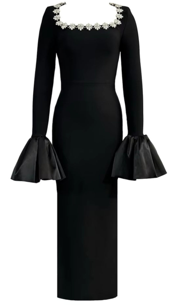 AIIZIE LONG SLEEVE CRYSTAL NECKLINE MAXI DRESS BLACK - product image