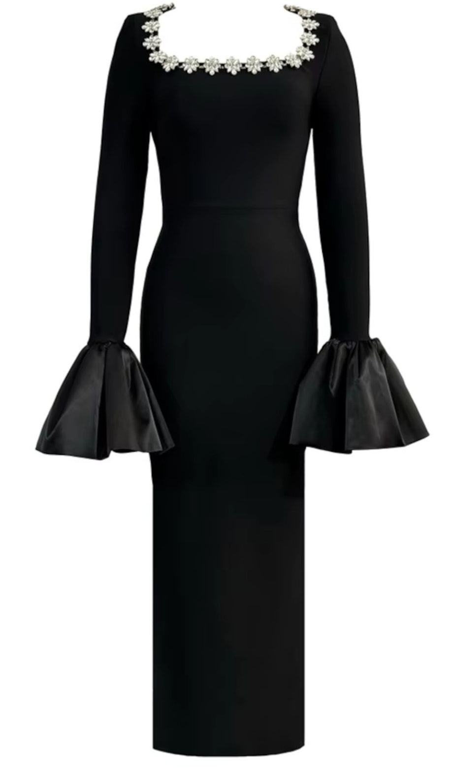 Langärmliges Maxikleid mit Kristallausschnitt in Schwarz