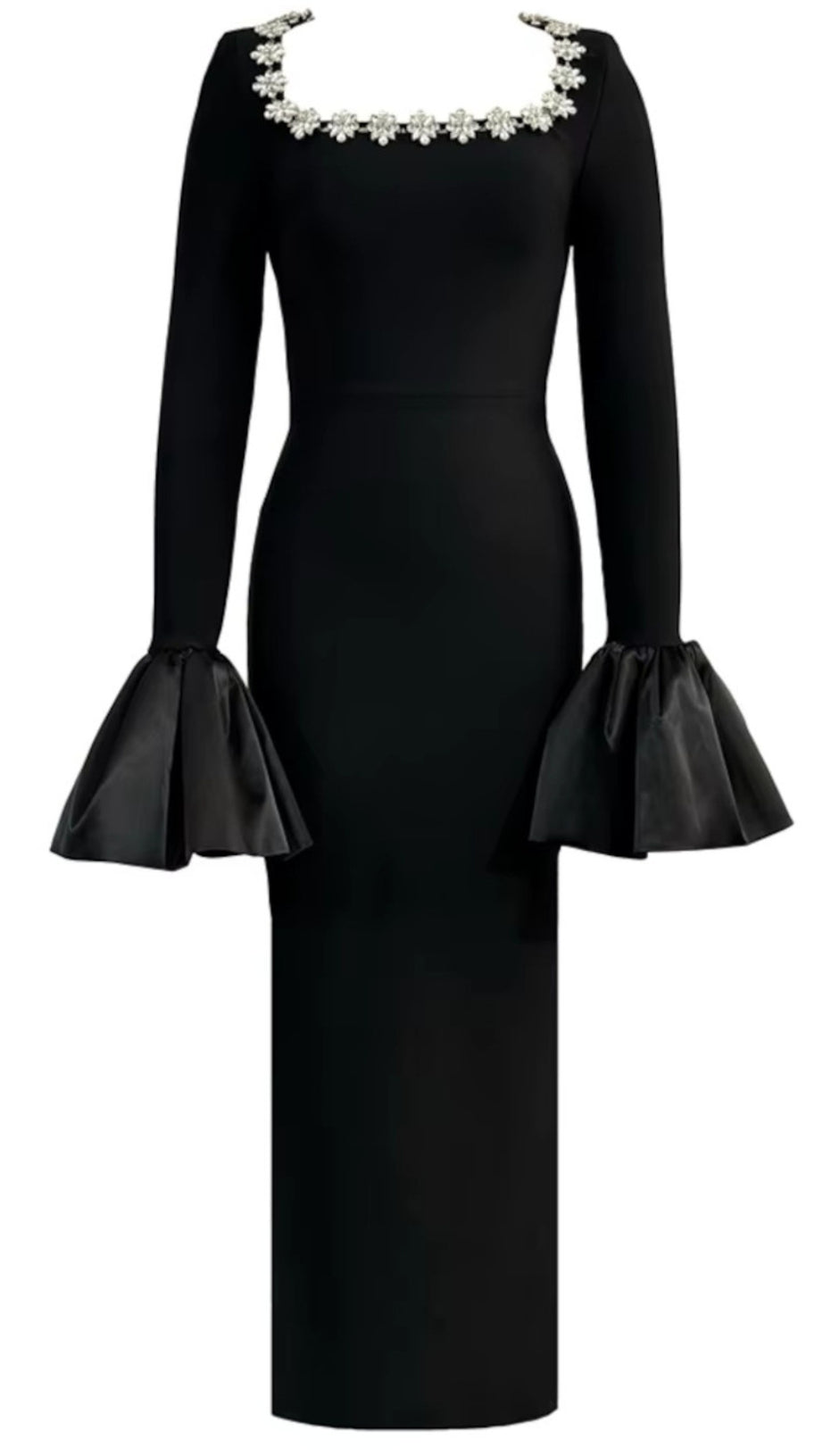 Langärmliges Maxikleid mit Kristallausschnitt in Schwarz