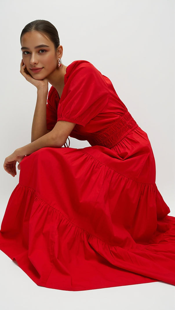 AIIZIE PURE COTTON TIE NECK MIDAXI WAISTED DRESS RED - product image
