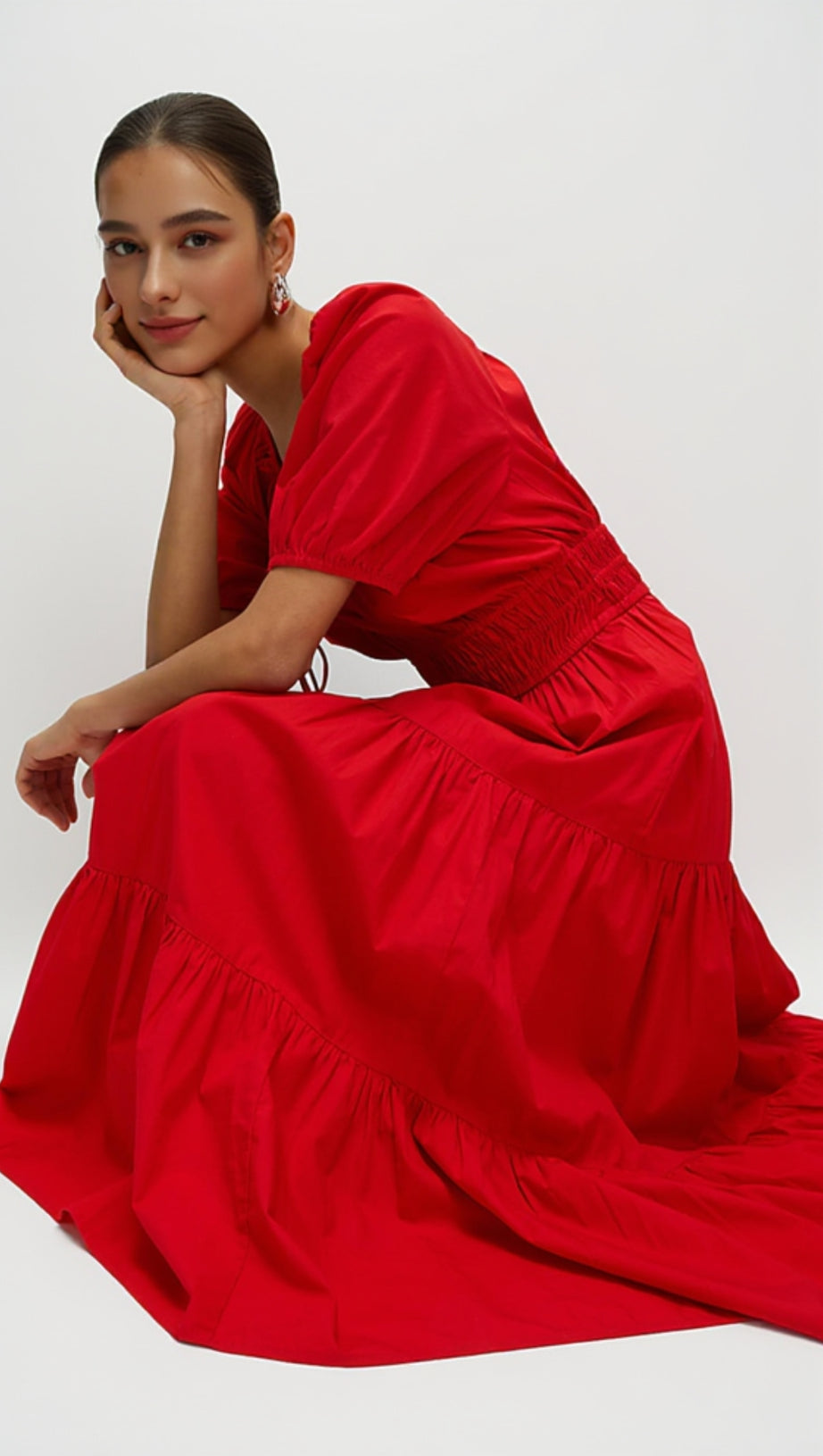 ABITO IN PURO COTONE CON COLLO A CRAVATTA E VITA ALTA ROSSO