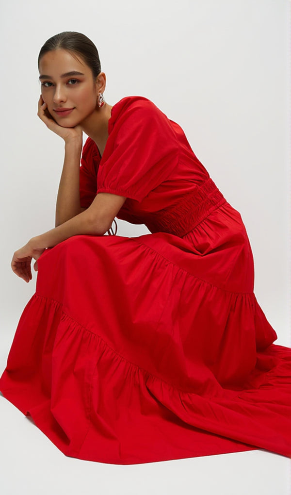 Pure Cotton Tie Neck Midaxi Waisted Dress Red