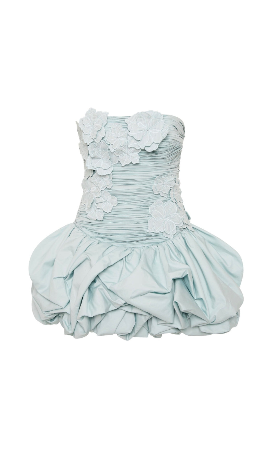 Moira – Trägerloses, bauschiges Minikleid mit Blumenmuster in Blau