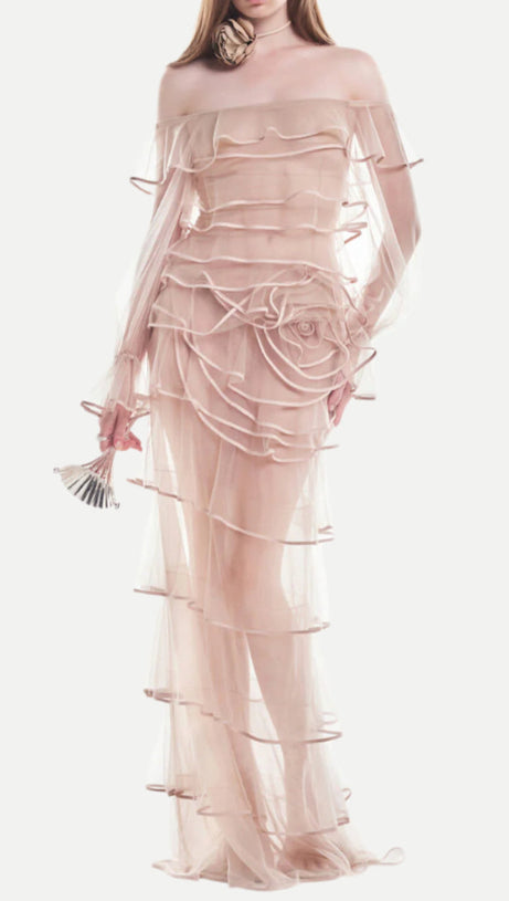 EUDORA FLORAL INSPIRED RUFFLE LAYER TULLE GOWN IN NUDE