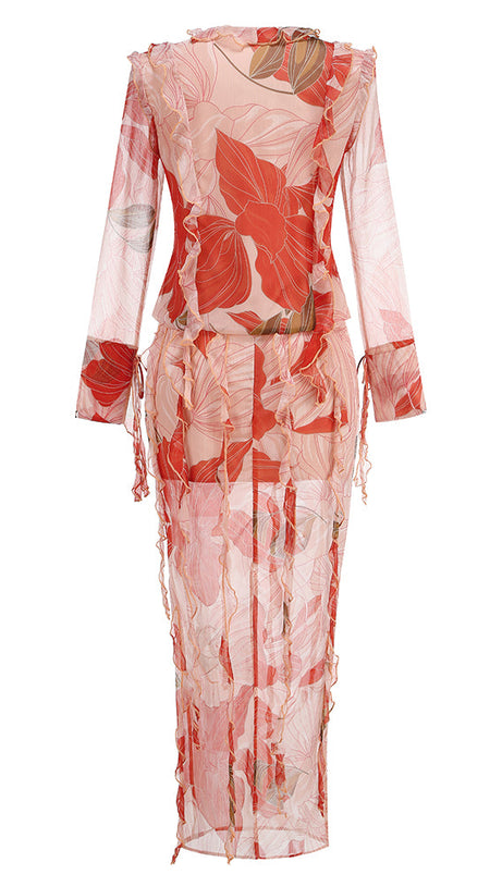 GLORIA PRINTED CUT OUT RUFFLE TRIM SKIRT SUIT