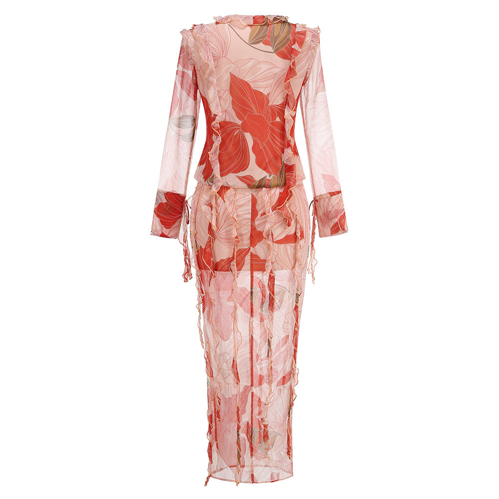 AIIZIE GLORIA PRINTED CUT OUT RUFFLE TRIM SKIRT SUIT - product image