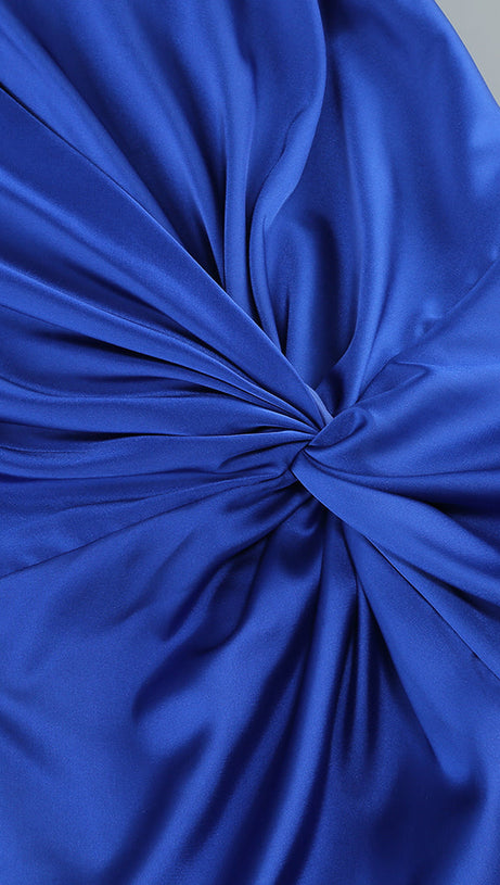 BEVERLY BRAID EMBELLISHED RUCHED HALTER GOWN IN BLUE