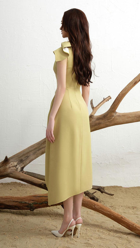 CALLA YELLOW ASYMMETRIC FRONT SLIT TWILL MIDI DRESS