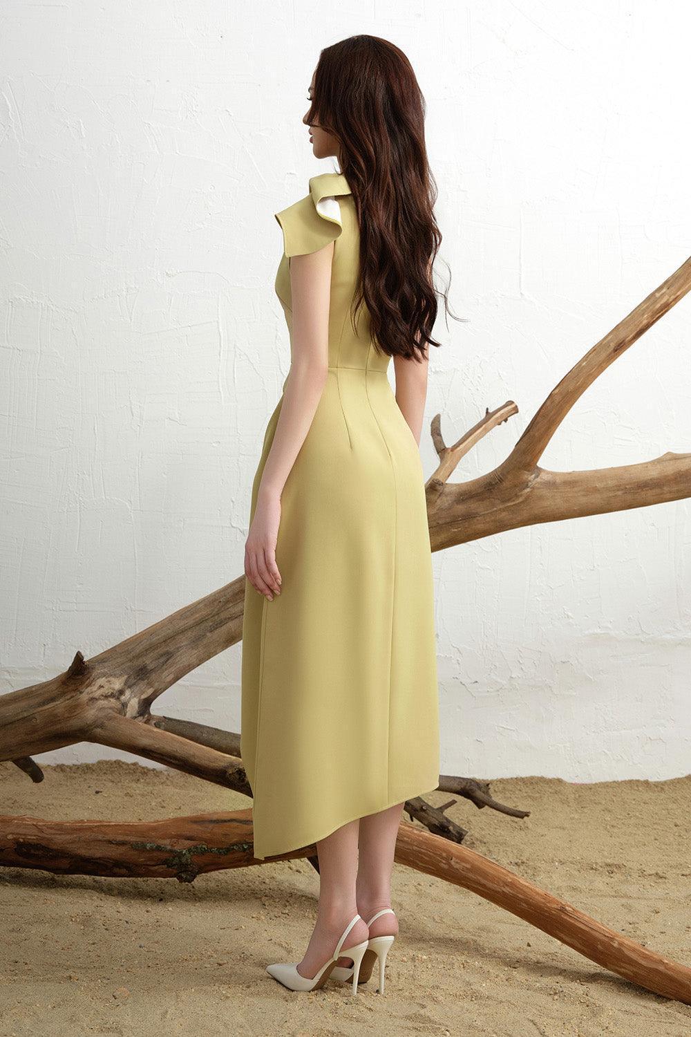 CALLA YELLOW ASYMMETRIC FRONT SLIT TWILL MIDI DRESS