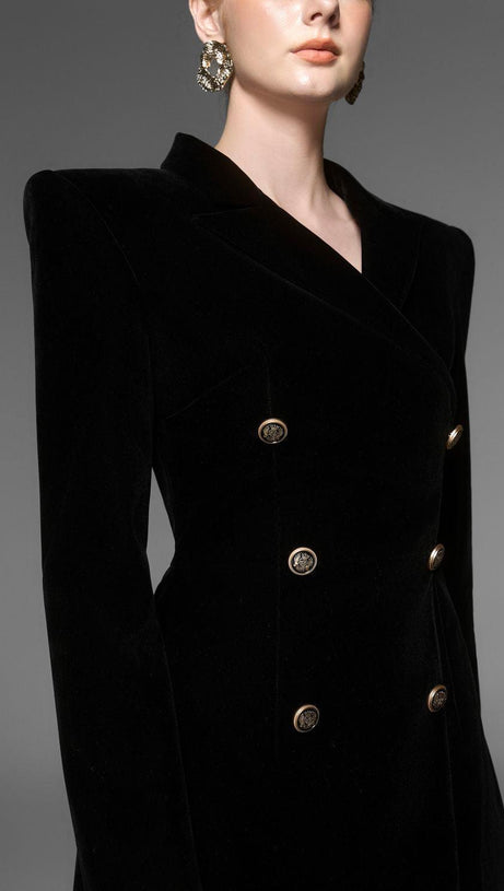 CALORIA ASYMMETRIC NOTCH LAPEL VELVET MIDI DRESS