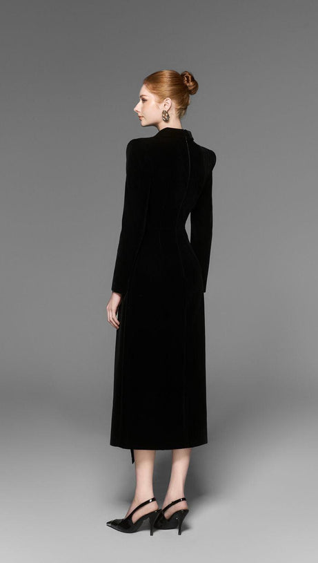 CALORIA ASYMMETRIC NOTCH LAPEL VELVET MIDI DRESS