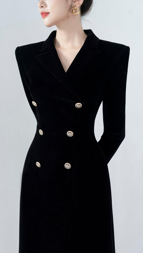 CALORIA ASYMMETRIC NOTCH LAPEL VELVET MIDI DRESS