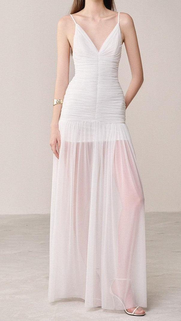 AIIZIE BELEN DROP WAIST SPAGHETTI STRAP ORGANZA MAXI DRESS IN WHITE - product image