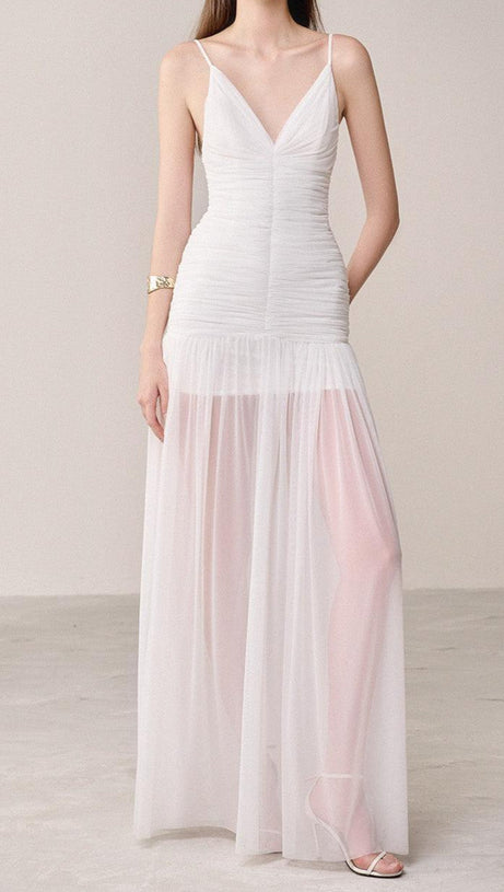 BELEN DROP WAIST SPAGHETTI STRAP ORGANZA MAXI DRESS IN WHITE