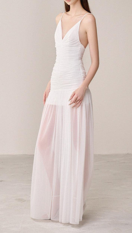 BELEN DROP WAIST SPAGHETTI STRAP ORGANZA MAXI DRESS IN WHITE