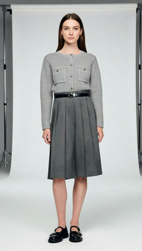 Elegant Grey Contrast Stitch Crewneck Cardigan for Women