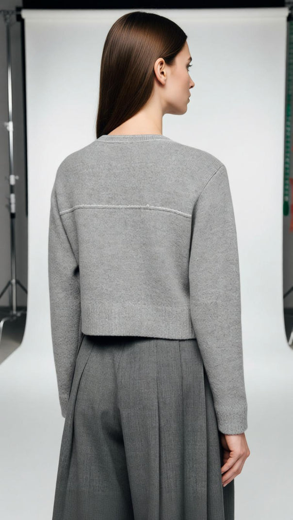 AIIZIE Elegant Grey Contrast Stitch Crewneck Cardigan for Women - product image