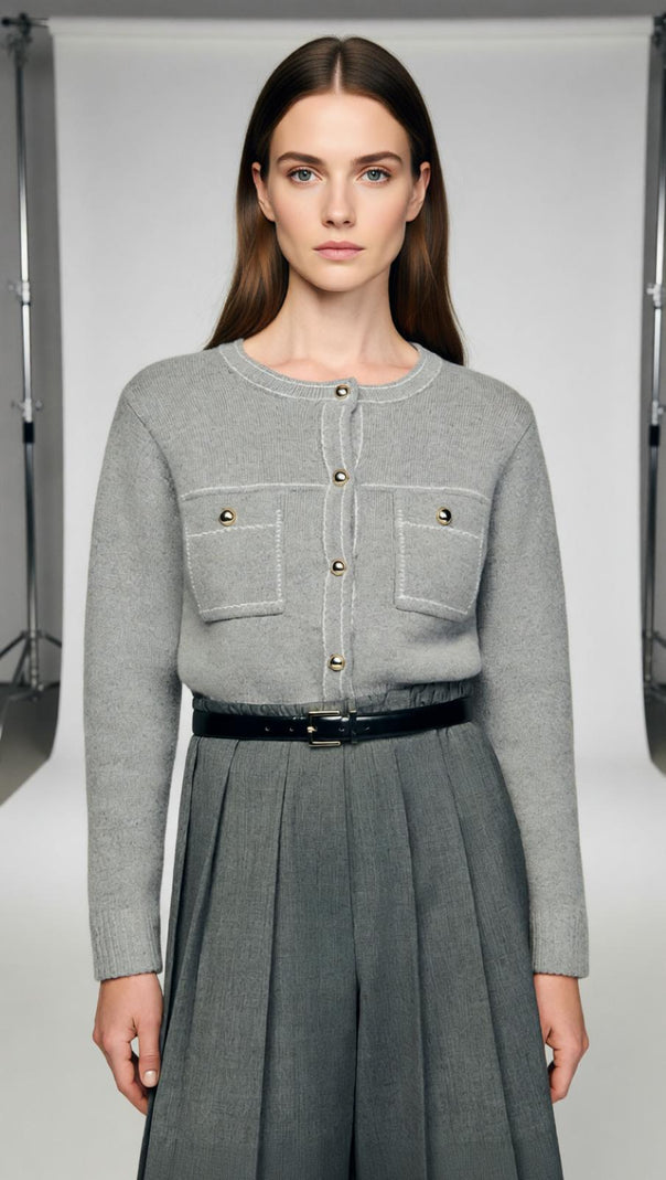 AIIZIE Elegant Grey Contrast Stitch Crewneck Cardigan for Women - product image