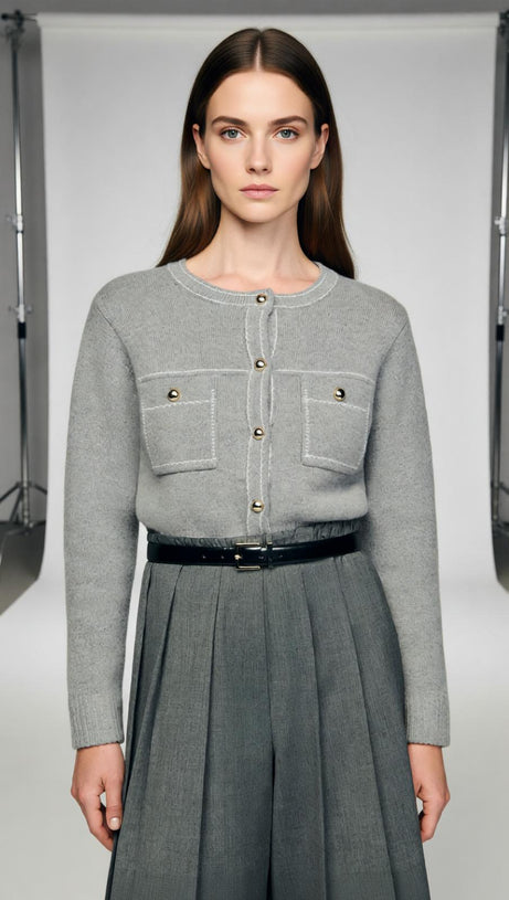 Elegant Grey Contrast Stitch Crewneck Cardigan for Women