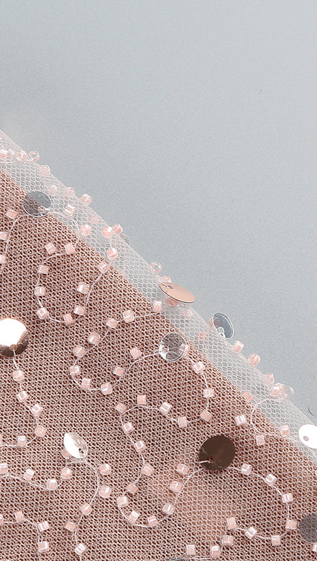 CRYSTAL LEAF EMBELLISHED SEQUIN MAXI DRESS IN PALE BROWN