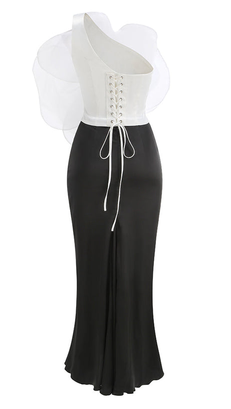 3D WHITE FLOWER ONE-SHOULDER MAXI DRESS IN BLACK