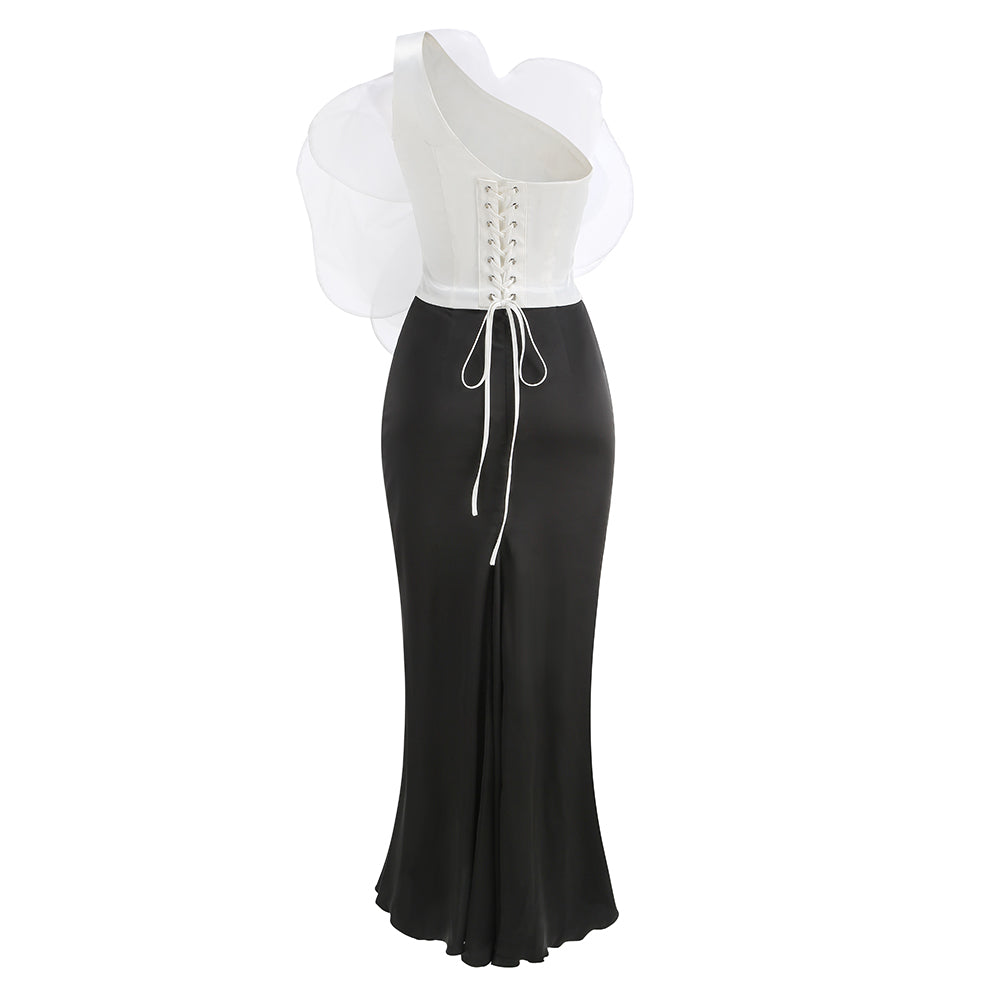 AIIZIE 3D WHITE FLOWER ONE-SHOULDER MAXI DRESS IN BLACK - product image