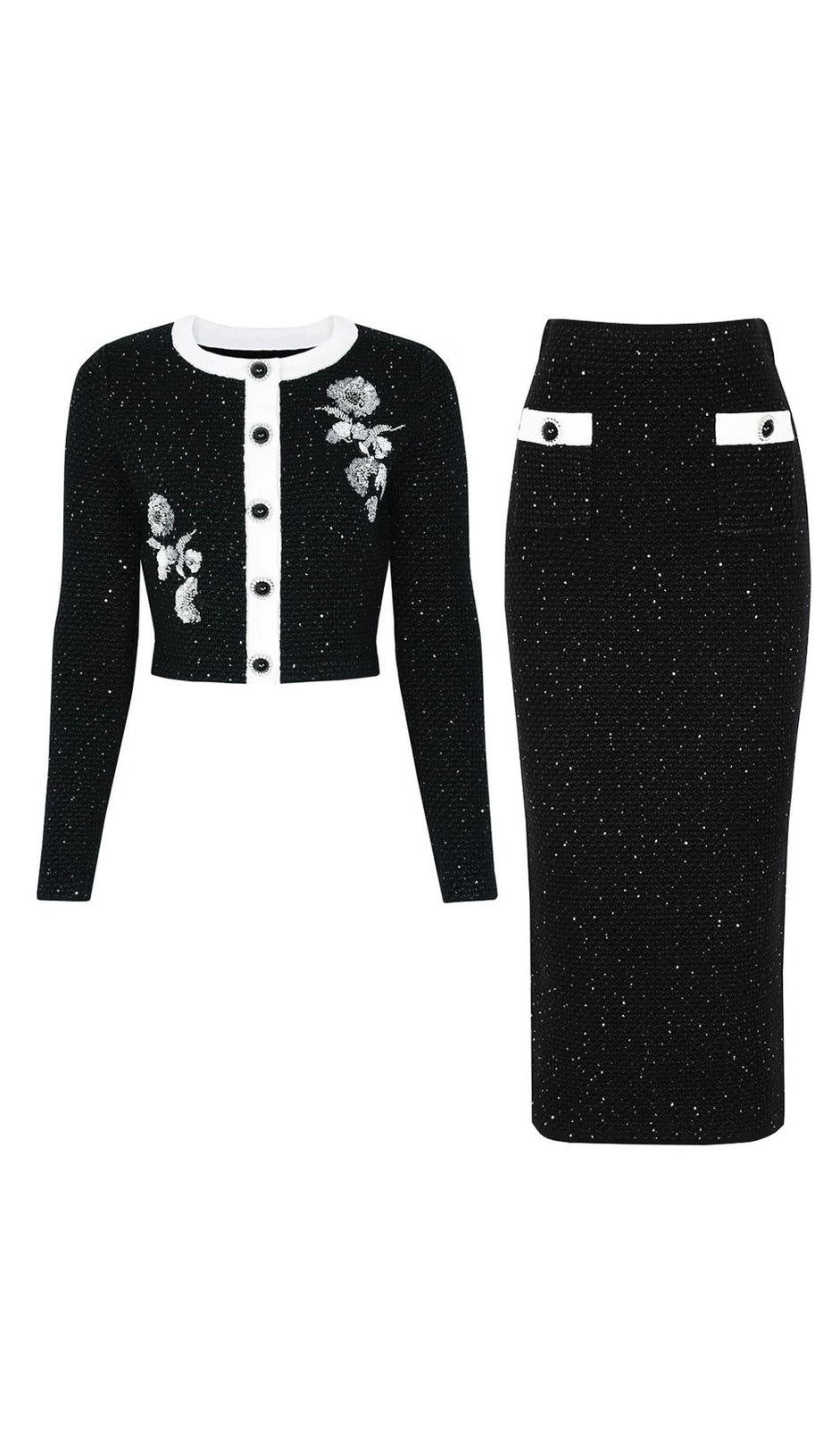 Chic Black Sparkle Tweed-Knit Cardigan & Pencil Skirt Set