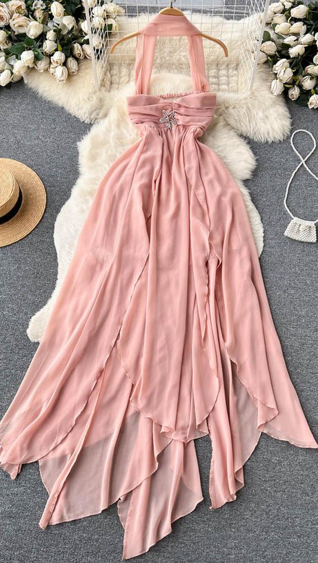 ELEGANTE ABITO LUNGO ROSA SENZA SPALLINE