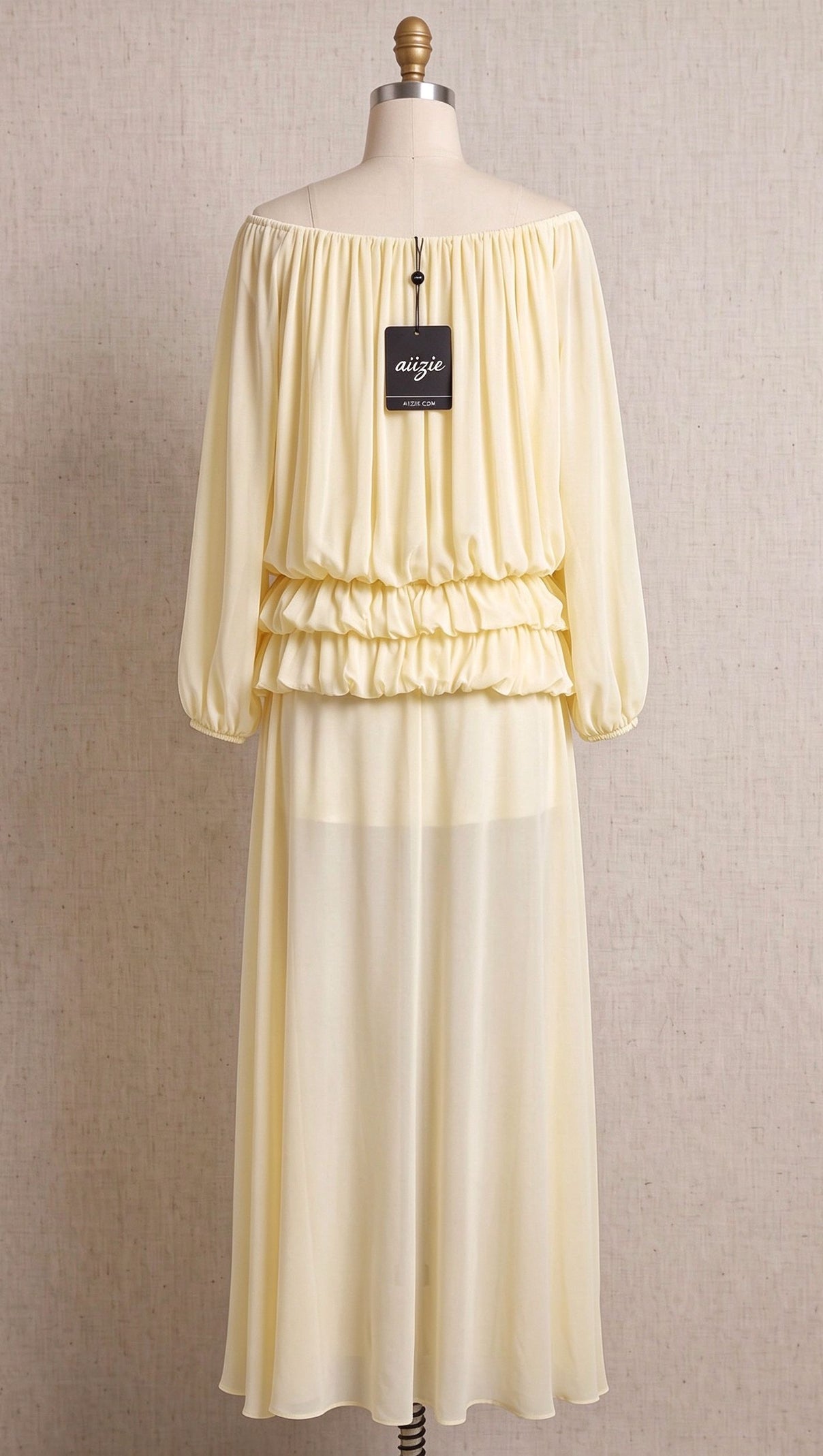 Pale Yellow Chiffon Off-The-Shoulder Blouson Two-Piece Set