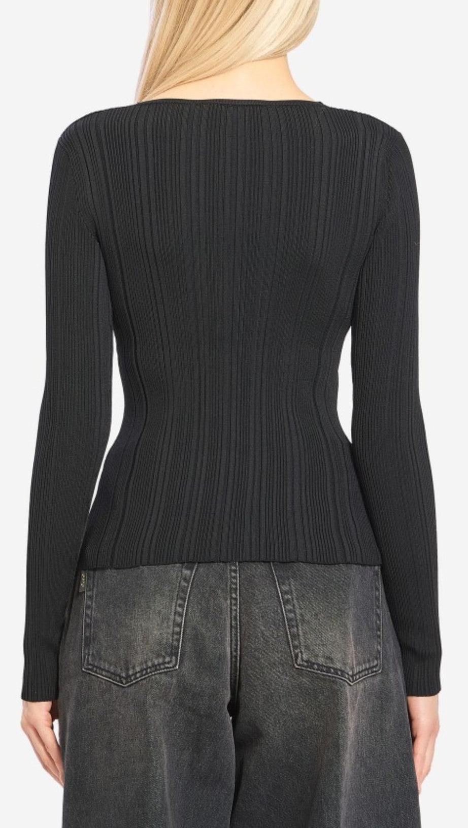 HULDA BLACK V-NECK LACE RIBBED KNIT TOP | CHIC WOMEN'S SWEATER