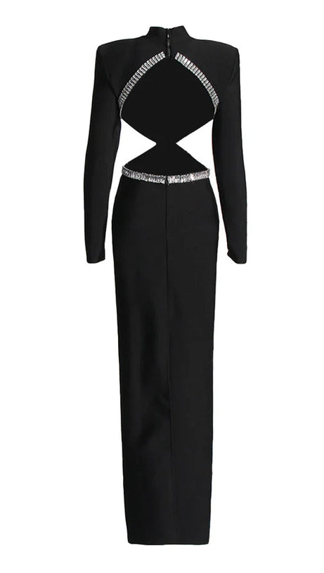 BAGUETTE CRYSTALS SIDE CUTOUTS EMBROIDERED BLACK CRÊPE MAXI DRESS
