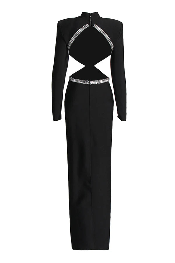 AIIZIE BAGUETTE CRYSTALS SIDE CUTOUTS EMBROIDERED BLACK CRÊPE MAXI DRESS - product image