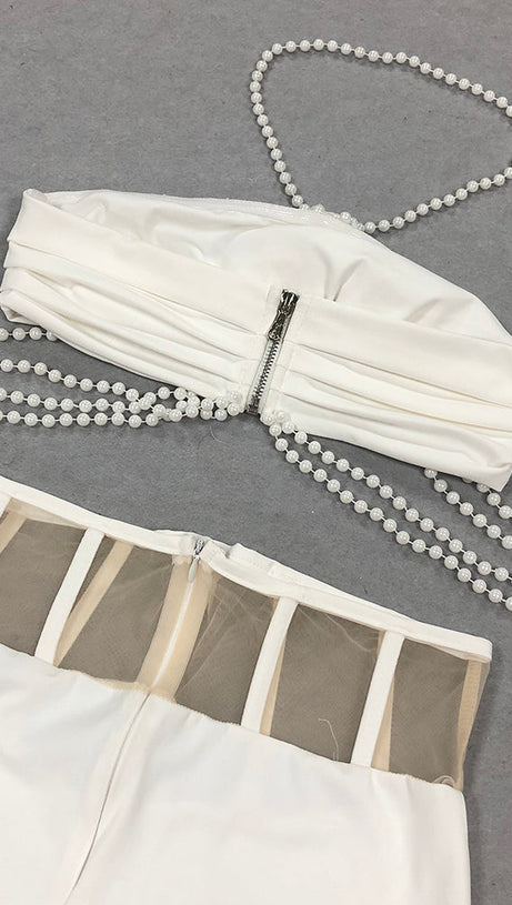 BELEN HIGHT SLIT PEARL HALTER MIDI DRESS IN WHITE