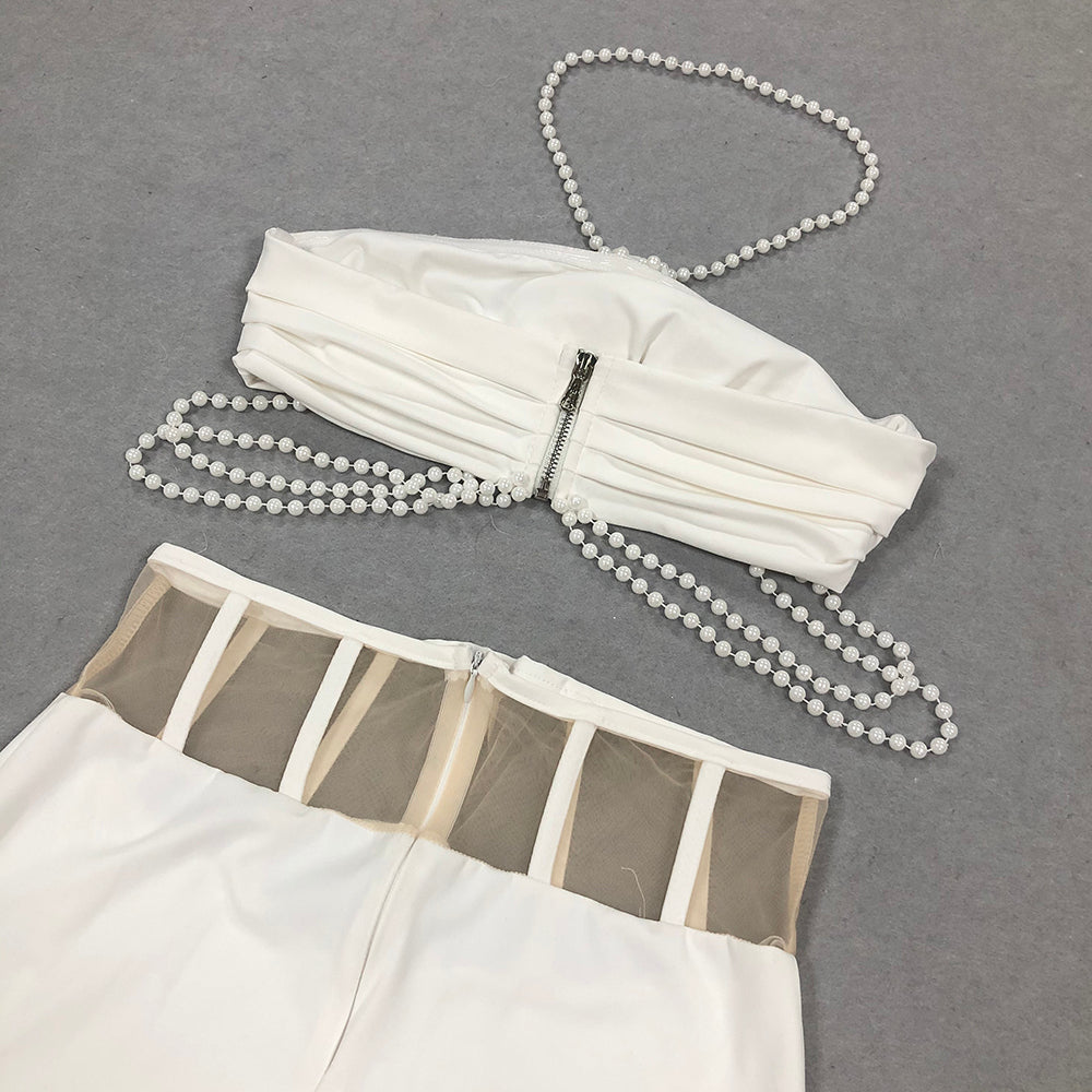 AIIZIE BELEN HIGHT SLIT PEARL HALTER MIDI DRESS IN WHITE - product image