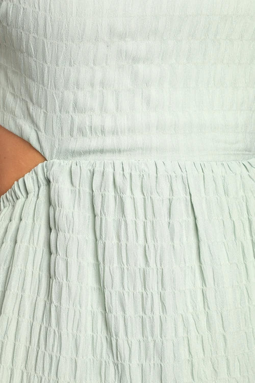 MINT SMOCKED TIE-BACK TIERED MIDI DRESS