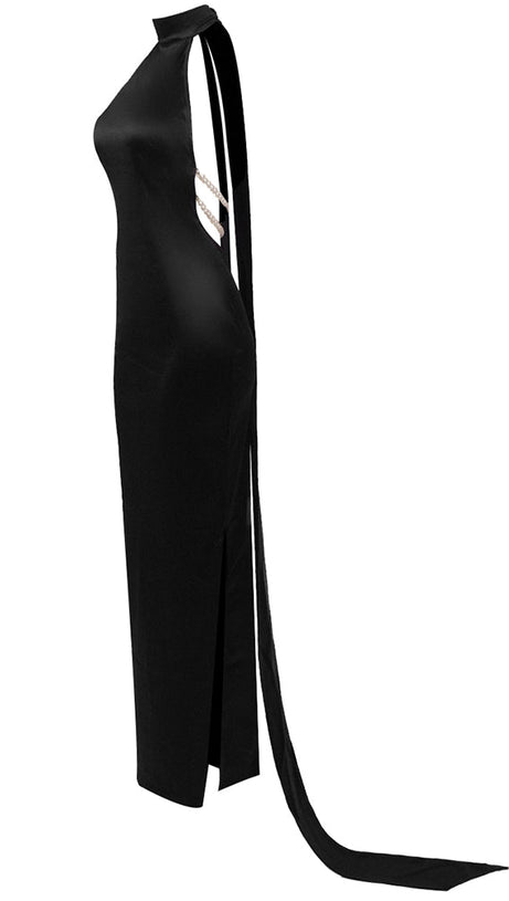 MIGNON SATIN BELT BACKLESS PEARL EMBELLISHED MAXI DRESS IN BLACK
