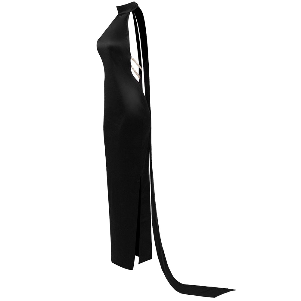 AIIZIE MIGNON SATIN BELT BACKLESS PEARL EMBELLISHED MAXI DRESS IN BLACK - product image