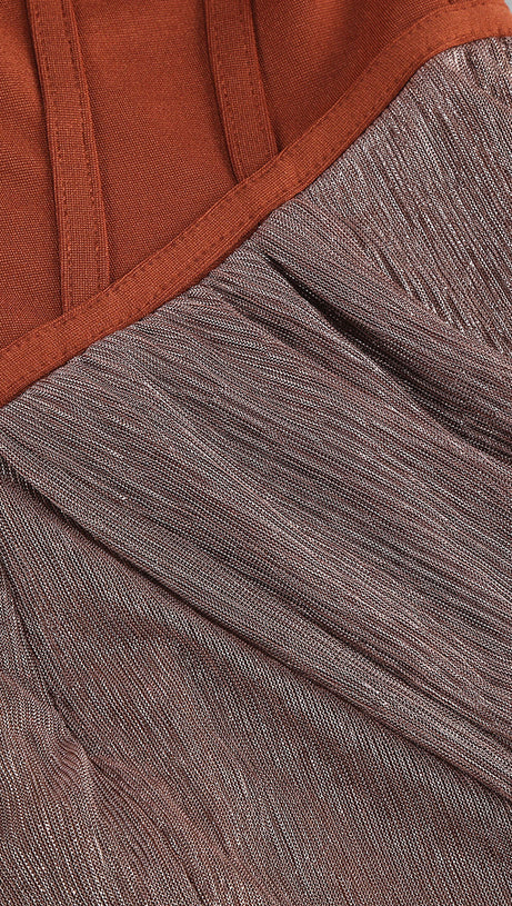 ONE SHOULDER DRAPED GLITTER BROWN CORSET OPEN BACK MAXI DRESS