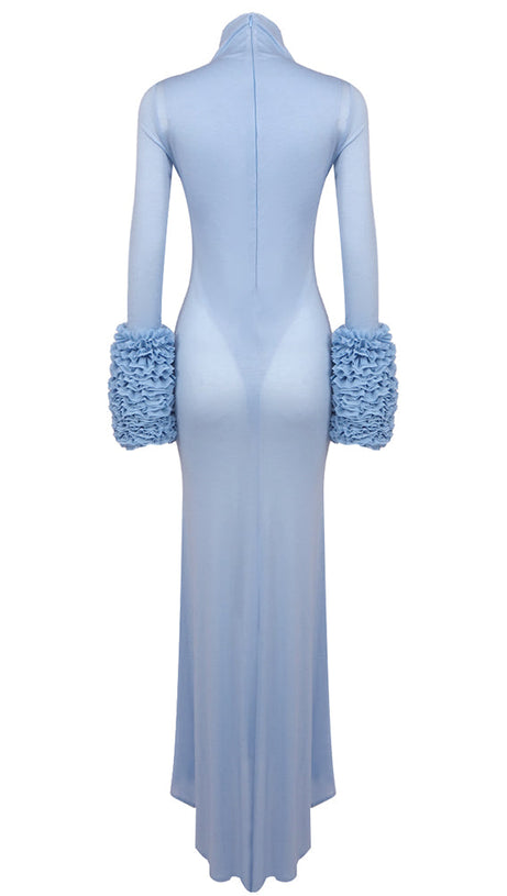 MICHELLE RUFFLED TURTLENECK MAXI DRESS IN PALE BLUE