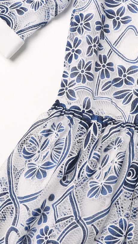 V NECK SPLICED BELTS EMBROIDERY MIDI DRESS IN BLUE