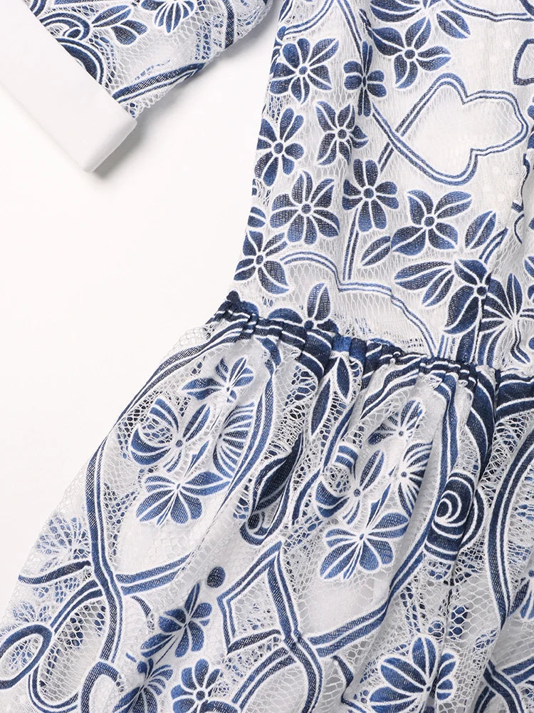 AIIZIE V NECK SPLICED BELTS EMBROIDERY MIDI DRESS IN BLUE - product image