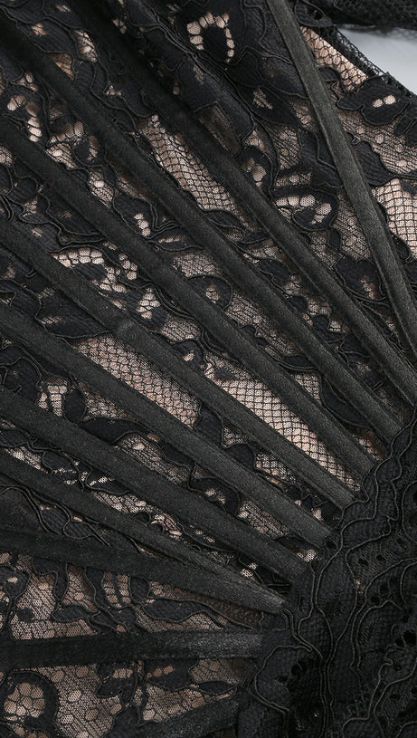 LONG SLEEVE LACE CORSET DRAPED MINI DRESS IN BLACK