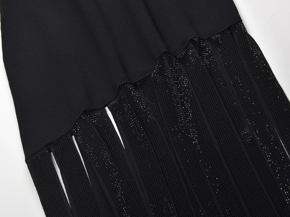 Glamorous Black Sleeveless Maxi Dress with Rhinestone Fringe Hem