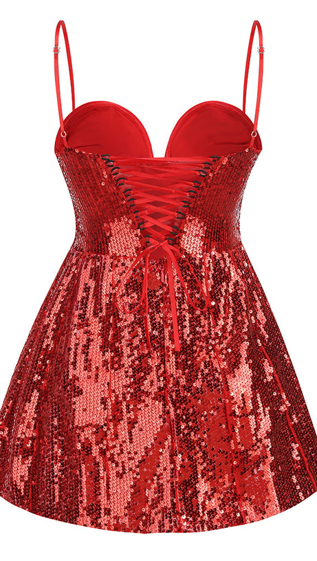 BERNICE DARK RED SEQUIN CORSAGE BANDEAU MINI DRESS