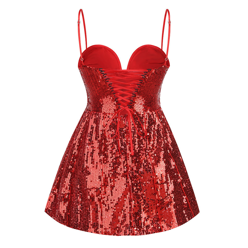 AIIZIE BERNICE DARK RED SEQUIN CORSAGE BANDEAU MINI DRESS - product image