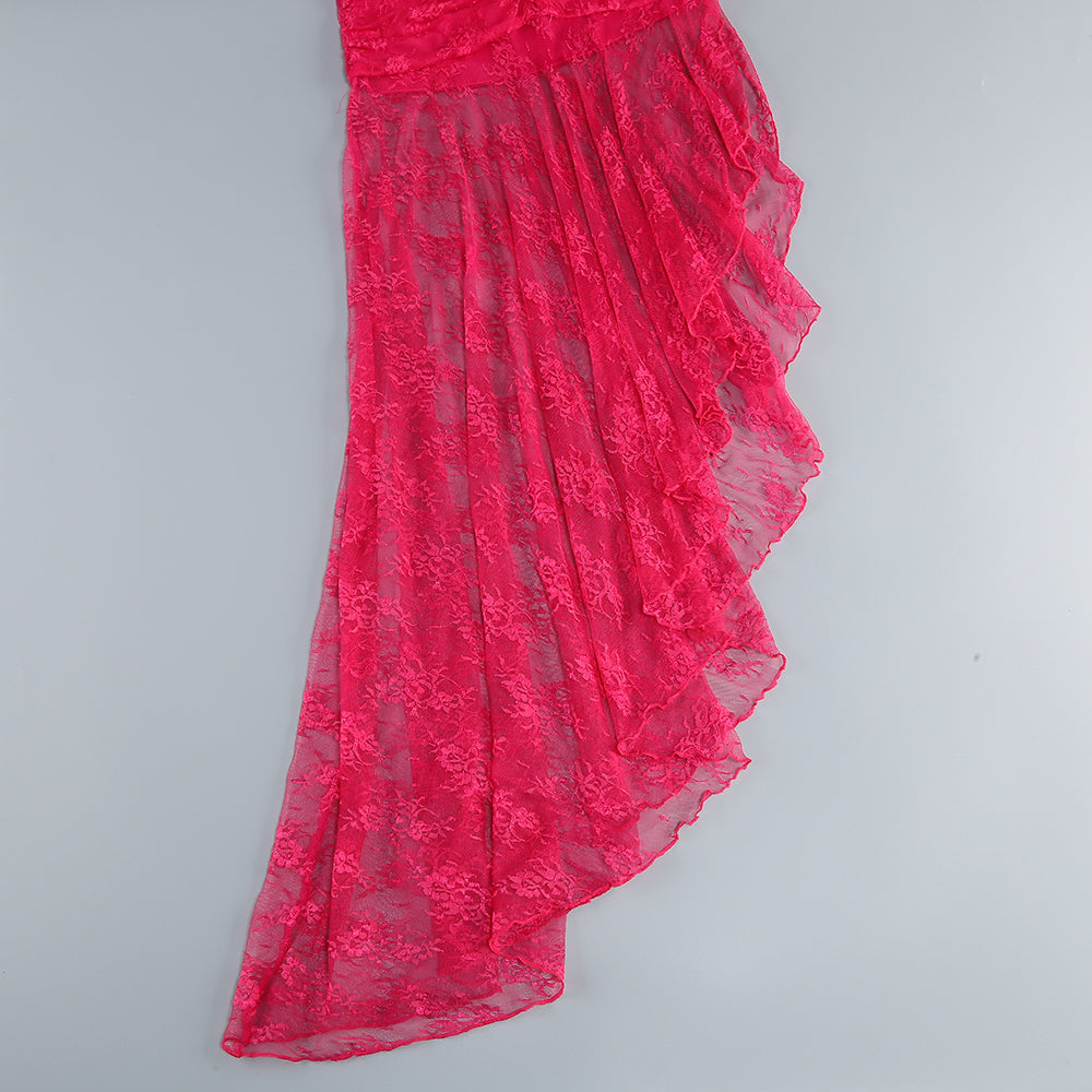 AIIZIE ADITI RUCHED LACE BODYCON MIDI DRESS IN RED - product image