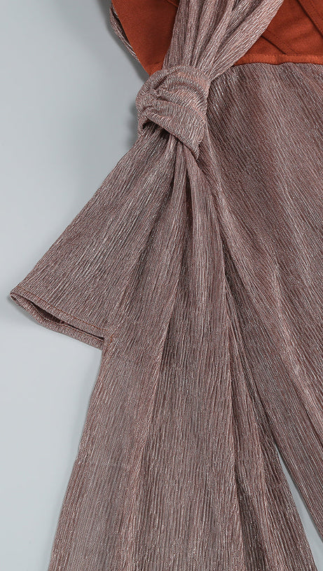 ONE SHOULDER DRAPED GLITTER BROWN CORSET OPEN BACK MAXI DRESS