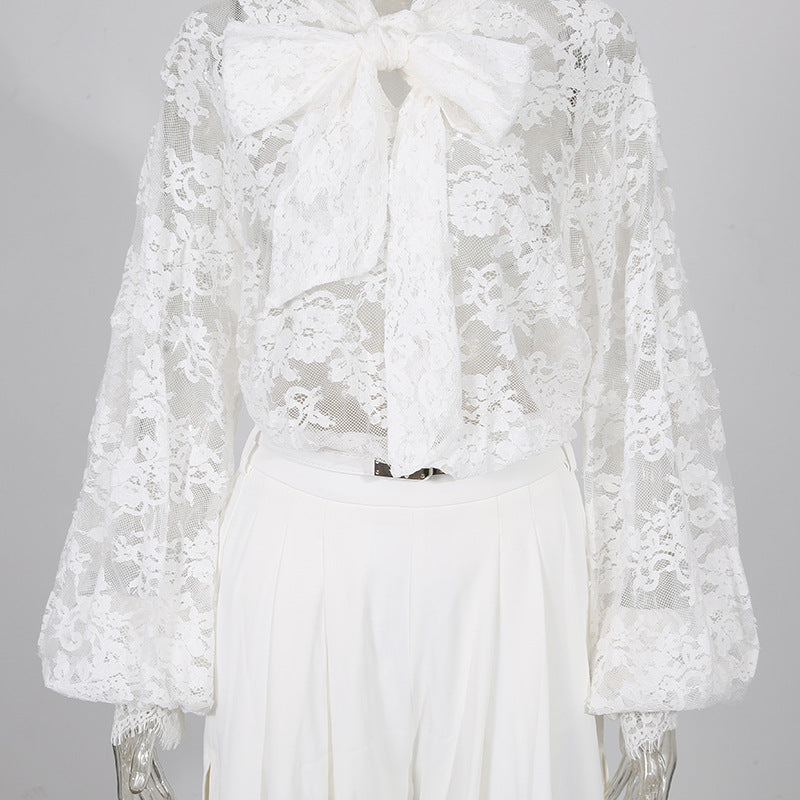 HUSTA WHITE LACE PUSSY-BOW BLOUSE & HIGH-SLIT WIDE-LEG PANTS SET